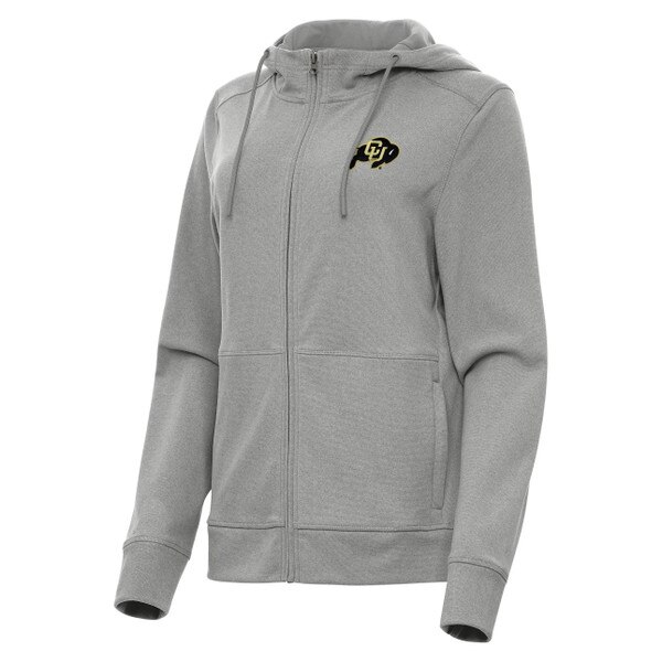 A gray heather Antigua full zip women's jacket with C.U buffalo logo, adjustable hood, and two side zip pockets.